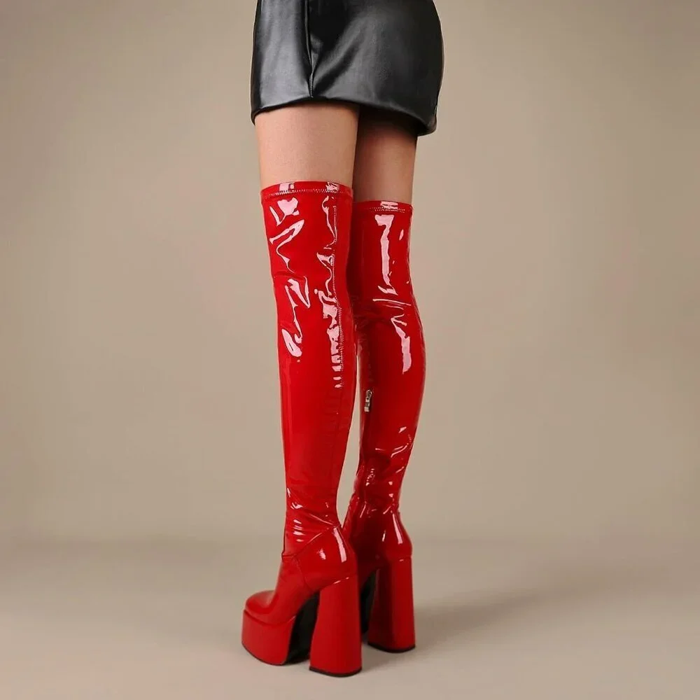 Women Patentred Synthetic Thigh High Boots Chunky Block Heels Over The Knee Boot